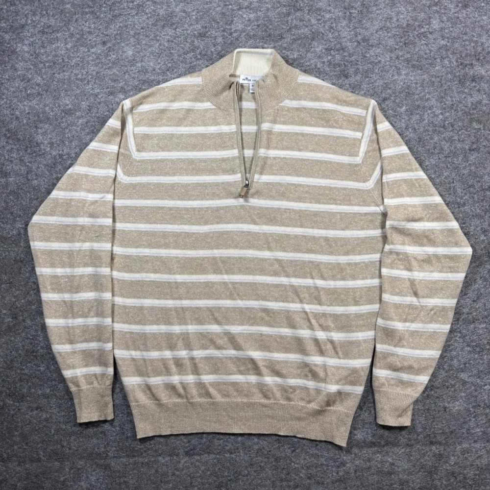 Peter Millar Long Bay Multi-Stripe 1/4 Zip Sweater Mens M Tan Merino Wool Linen